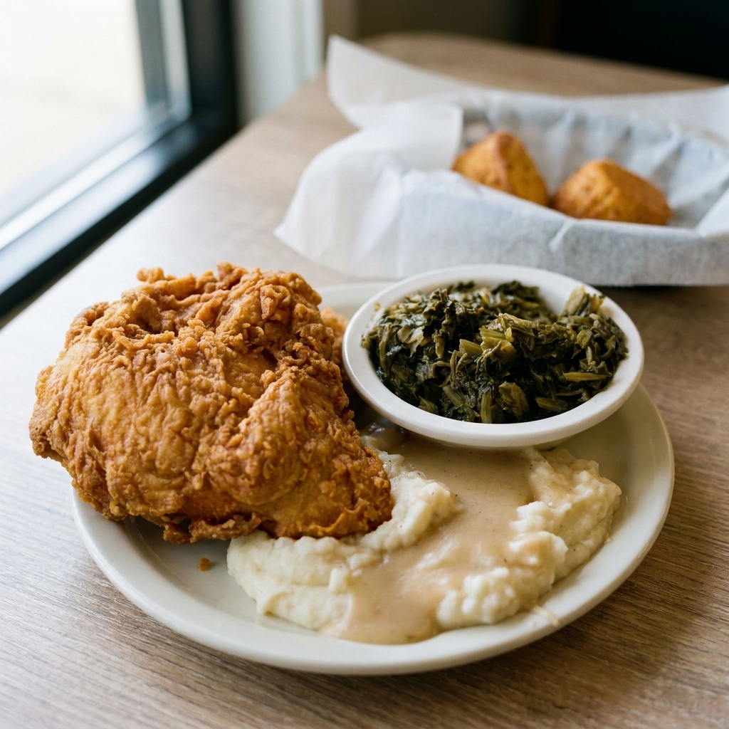 Fried chicken with turnip greens at The Sirloin House &mdash; the kind of plate that hasn&rsquo;t changed in twenty-four years