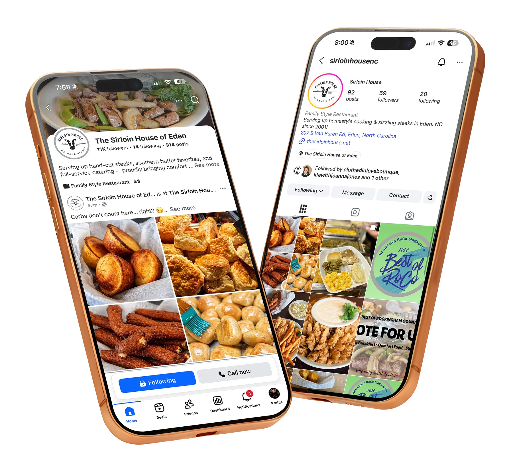 The Sirloin House on Facebook and Instagram &mdash; two iPhones showing the @sirloinhousenc pages